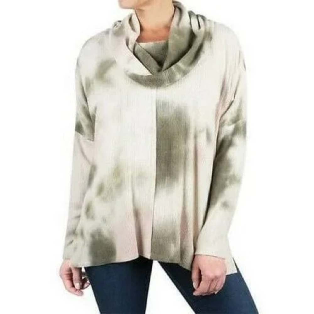 Status by Chenault Oversized Cowl Neck Sweater Hi-Low Tie Dye Green XS NEW